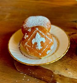 High angle view of dessert in plate on table