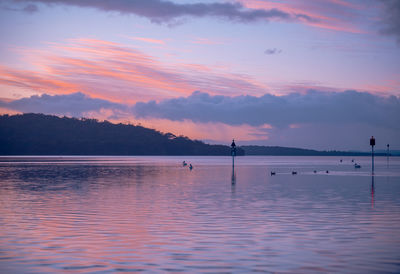 Scenic view of lake against sky during sunset