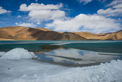 Scenic view of lake by mountains against sky