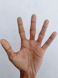 Close-up of human hand against white background