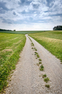 Empty road amidst field against sky