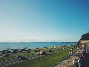 Scenic view of sea against clear blue sky