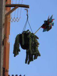 Low angle view of decorations hanging against clear blue sky