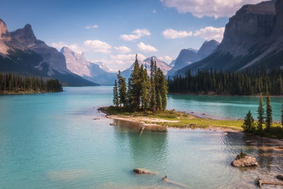 Scenic view of lake by mountains against sky