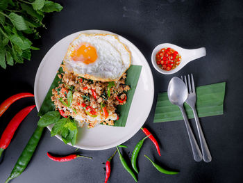 High angle view of breakfast served on table