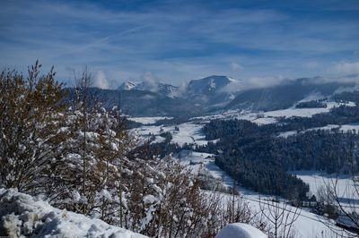 Scenic view of snowcapped mountains against sky