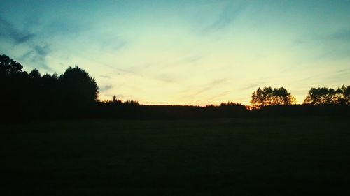 Silhouette of trees on landscape at sunset