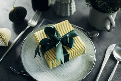 High angle view of dessert in plate on table