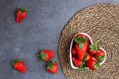 High angle view of strawberries in basket