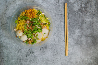 High angle view of vegetables in bowl on table