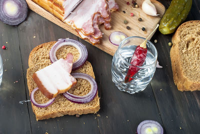 High angle view of breakfast on table