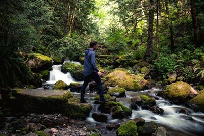 Man standing by waterfall in forest