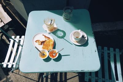 High angle view of breakfast on table