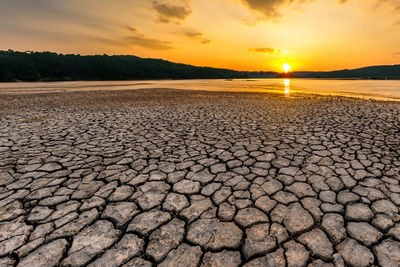 Traces of global warming. confronting the dried and cracked lake bottom.