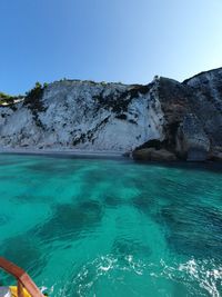 Scenic view of sea against clear blue sky
