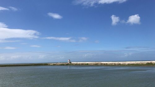 Scenic view of sea against blue sky