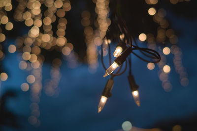 Close-up of illuminated lighting equipment at night