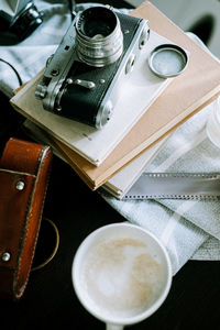 High angle view of coffee cup on table