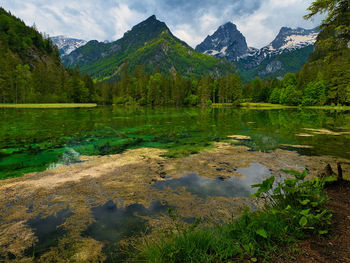 Scenic view of lake and mountains against sky