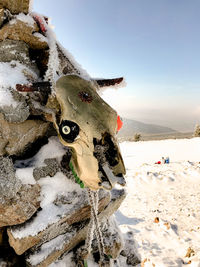 Close-up of snow on beach against sky