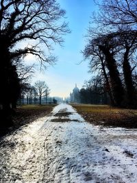 Road amidst bare trees on field against sky