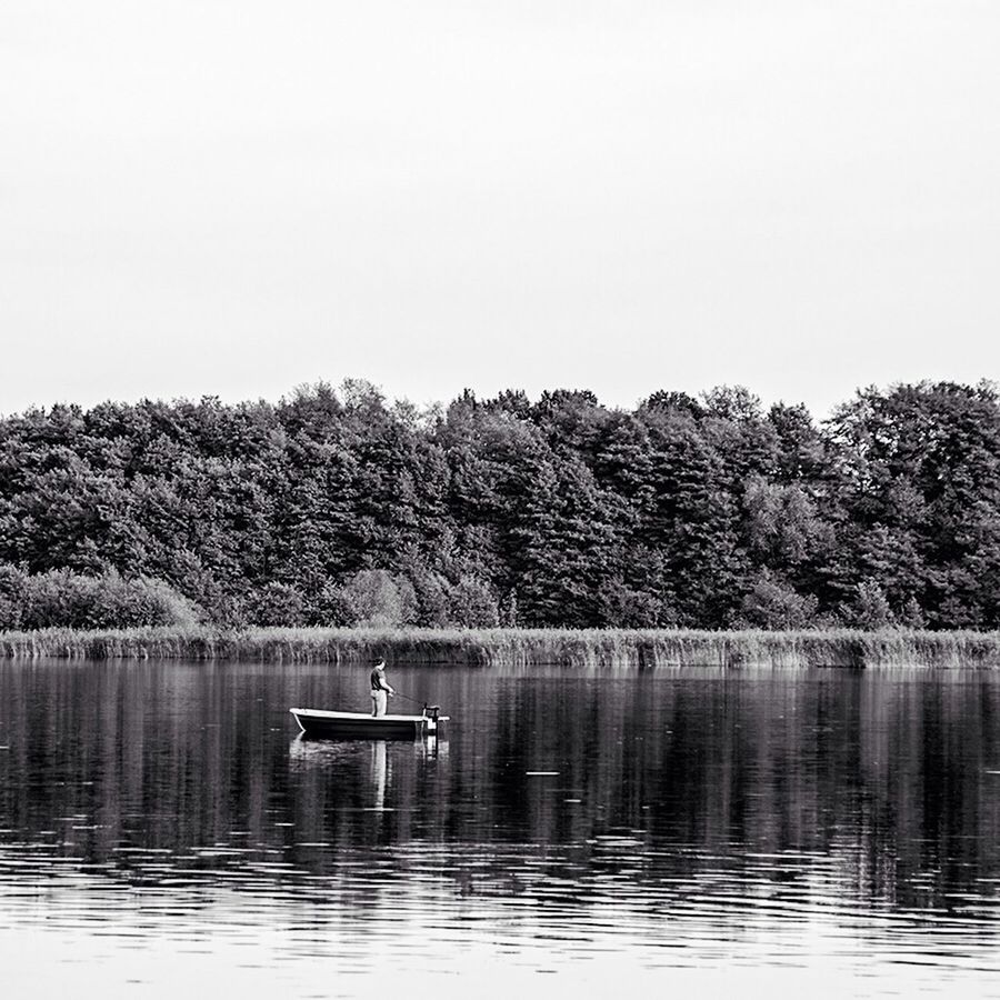 water, nautical vessel, lake, transportation, boat, waterfront, tree, mode of transport, tranquil scene, tranquility, reflection, clear sky, nature, scenics, beauty in nature, bird, idyllic, day, travel, outdoors