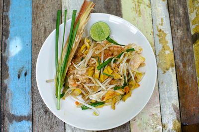 High angle view of food in bowl on table