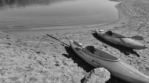 High angle view of boat moored on beach