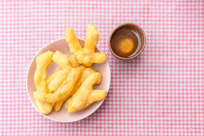 High angle view of breakfast served on table