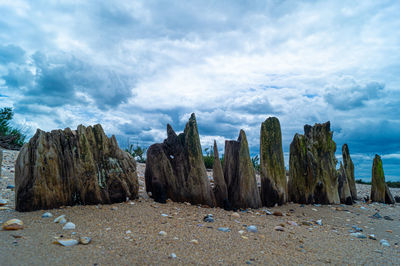 Panoramic shot of rocks on beach against sky