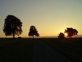 Silhouette trees on landscape against sky at sunset