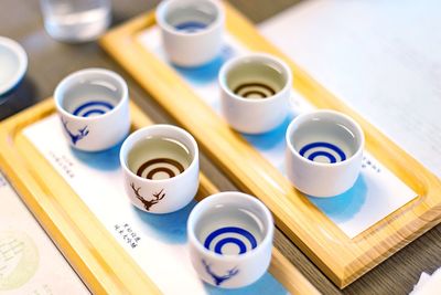 High angle view of various buttons on table