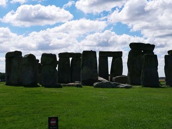 Sheep on field against sky