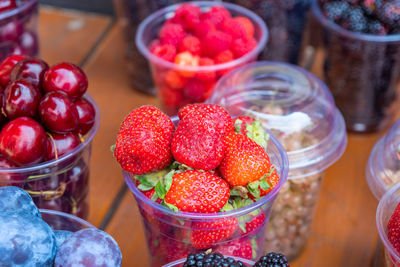 High angle view of strawberries on table