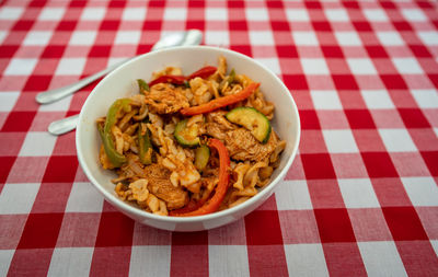 High angle view of noodles in bowl on table