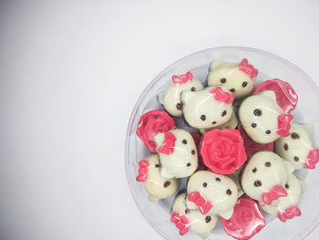 High angle view of eggs on white background