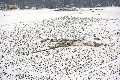 High angle view of crowd in city during winter