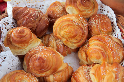 Close-up of bread rolls in basket on table