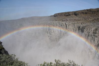 Scenic view of rainbow over mountain against sky