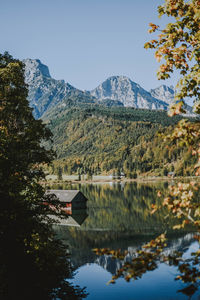 Scenic view of lake by trees against sky