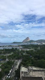 High angle view of buildings by sea against sky