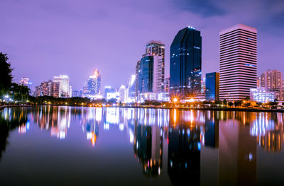 Reflection of illuminated buildings in city at night