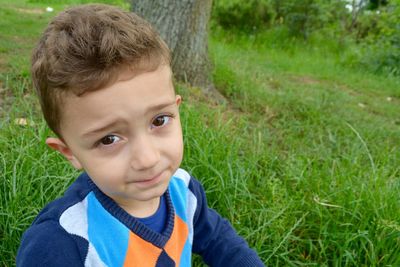 Portrait of cute boy wearing sweater on grassy field