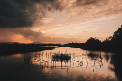 Silhouette plants by lake against sky during sunset