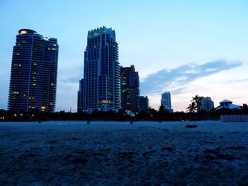 City skyline against blue sky