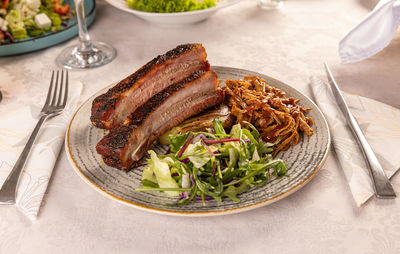 High angle view of food in plate on table