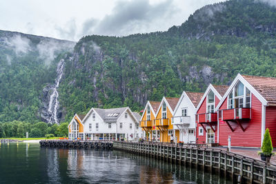 Houses by lake against mountain