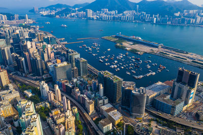 High angle view of city at waterfront