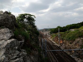 Railroad tracks by trees against sky