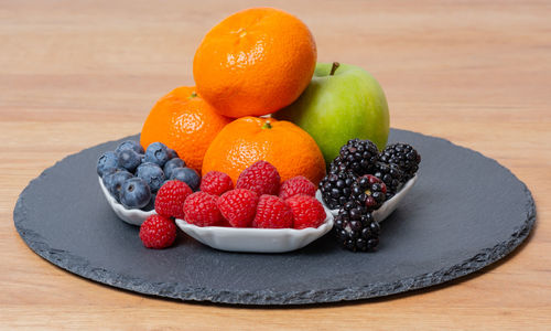 Close-up of fruits in plate on table